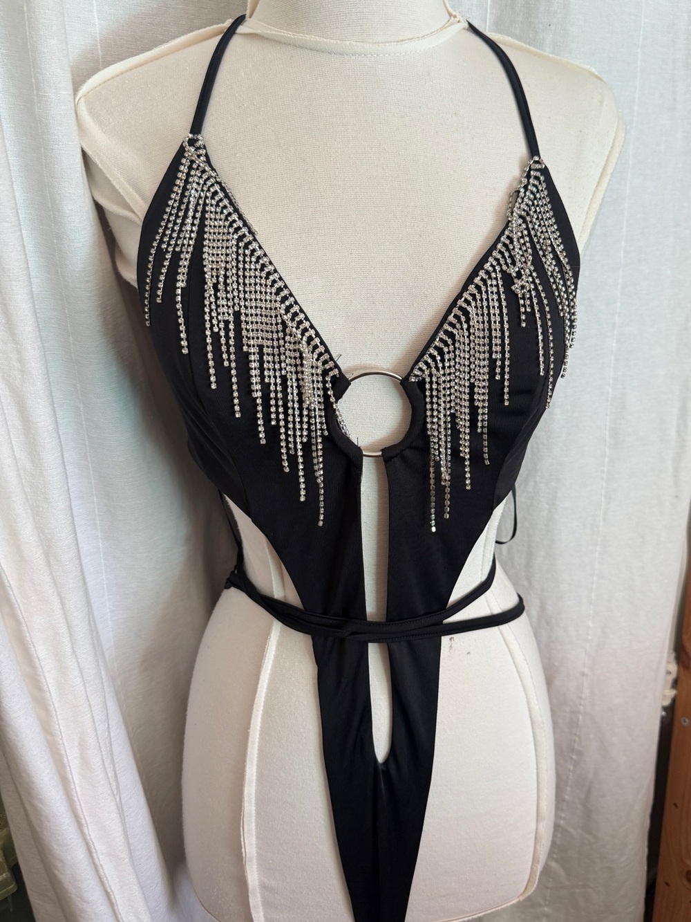 black rhinestone fringe one-piece bodysuit 
Halter festival top Sz medium skimpy